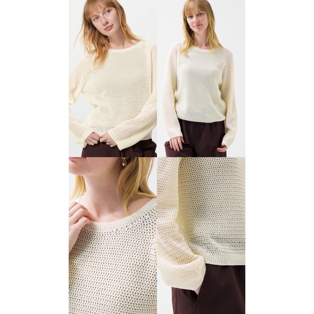Uniqlo Cream Open Knit Mesh Sweater Womens Off White Crew Neck Pullover